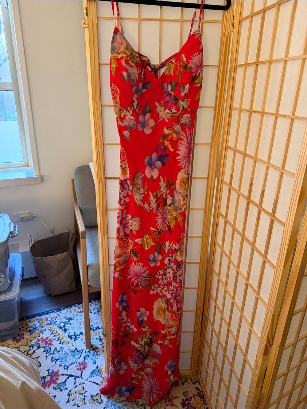 Aqua Red Floral Slip Maxi Dress with Adjustable Straps